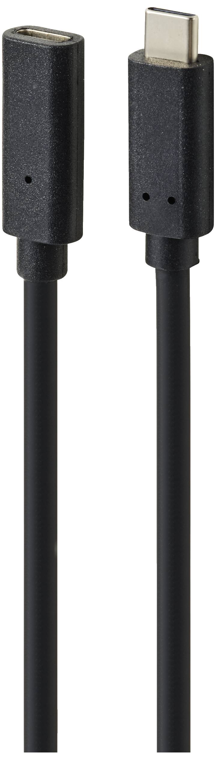 'Schwarzes USB-C-auf-USB-C-Kabel mit zwei identischen Anschlüssen, geeignet für Datenübertragung und Laden.'