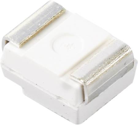 Weiße SMD-Sicherung mit metallischen Anschlusskappen, quadratische Form. Entwickelt für elektronische Schaltkreise zur Überstromschutz.