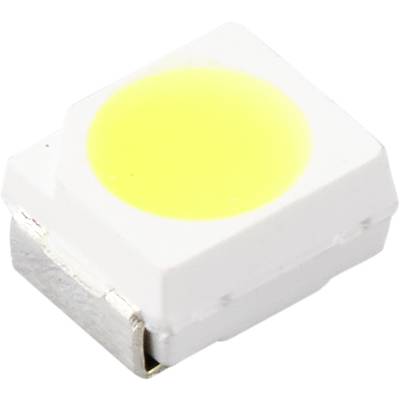 Ein kleiner, quadratischer LED-Chip mit einer gelben Leuchtfläche auf weißem Gehäuse.