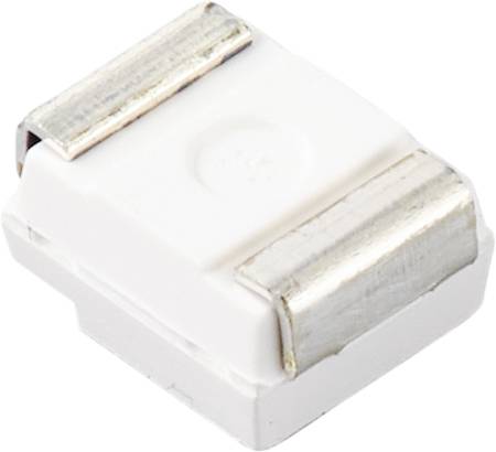 Weiße elektronische Komponente mit silbernen Kontakten, quadratisches Design, auf weißem Hintergrund.