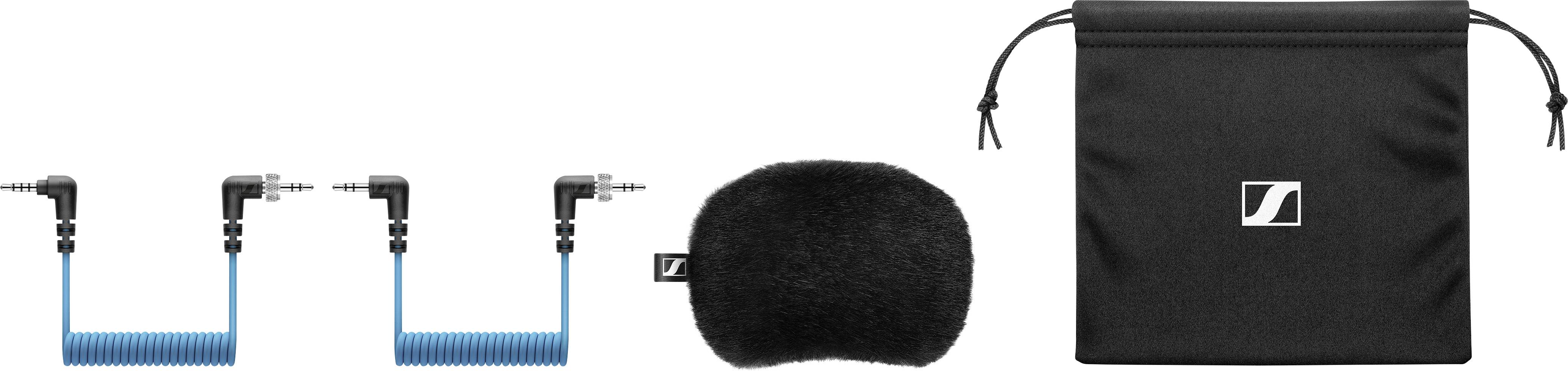 'Bild zeigt drei blaue Audiokabel mit rechten Winkelsteckern, eine schwarze Mikrofon-Windschutzhaube und einen schwarzen Aufbewahrungsbeutel.'