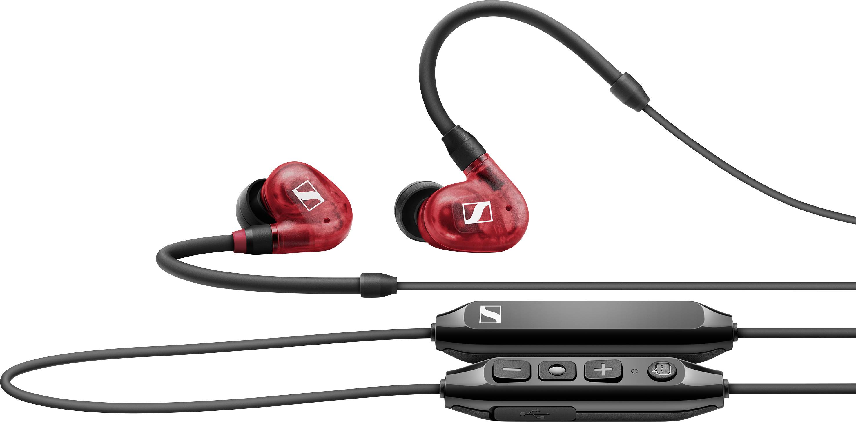 Rote In-Ear-Kopfhörer mit schwarzem Kabel und Steuerungseinheit.