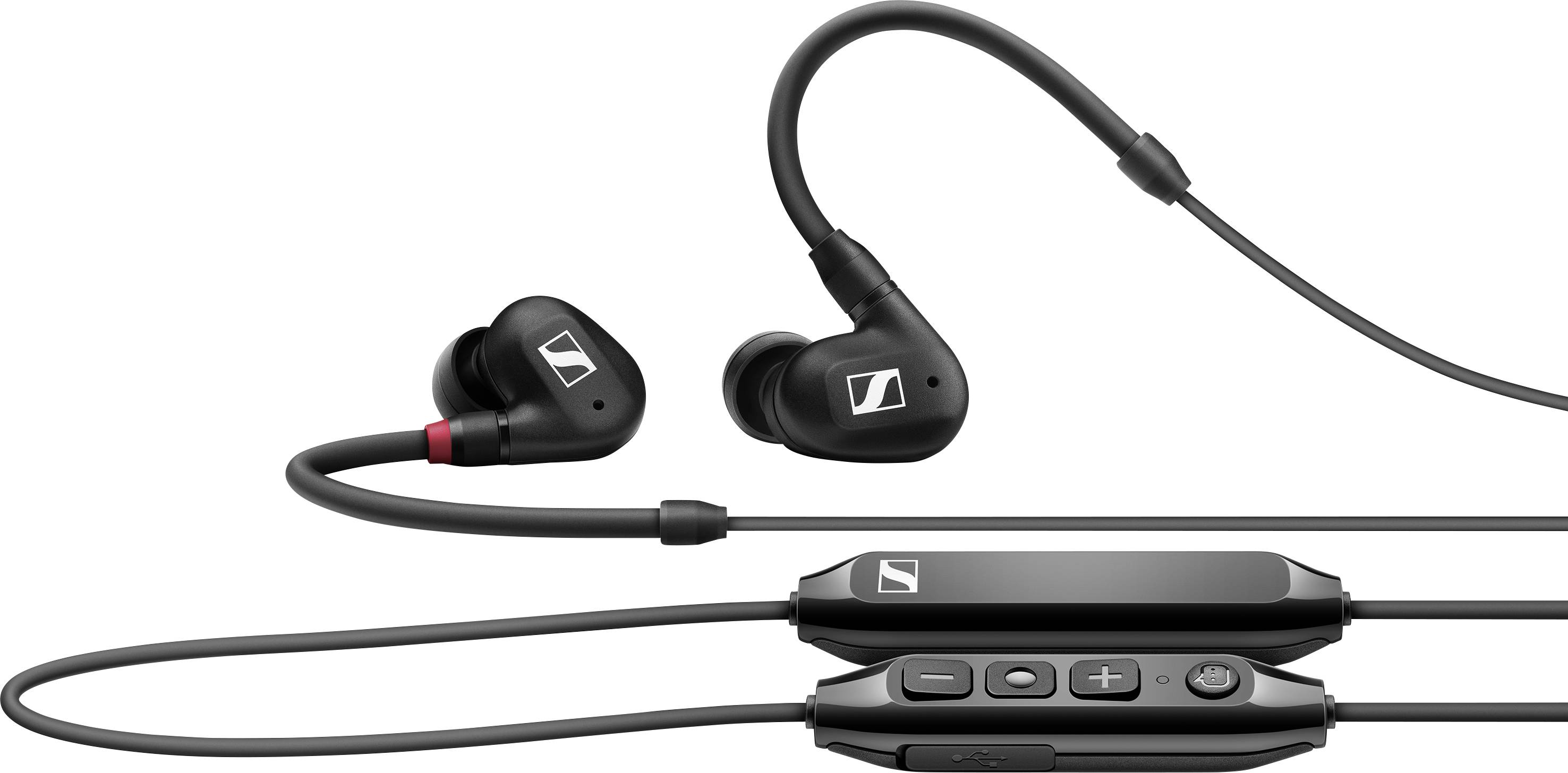 Schwarze In-Ear-Kopfhörer mit Kabel und Bedienelementen, u.a. Lautstärkeregler und Anrufsteuerung.