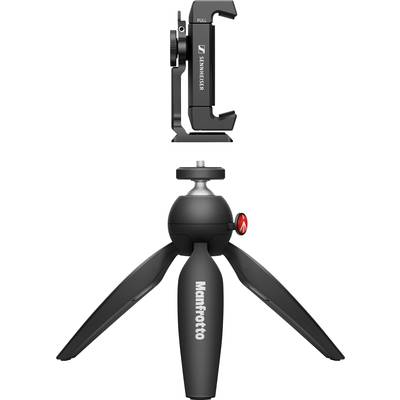 Smartphone-Halterung und Mini-Stativ. Die Halterung ist faltbar, das Stativ kompakt mit drei ausklappbaren Beinen. Ideal für mobile Fotografie.