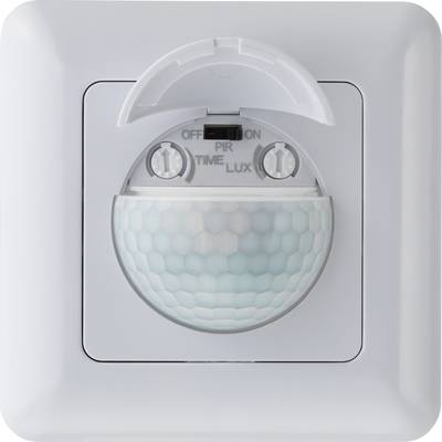 Bewegungsmelder an einer weißen Wand, zeigt 'OFF' und 'ON'-Schalter sowie Einstellräder für Dauer und Lichtempfindlichkeit.
