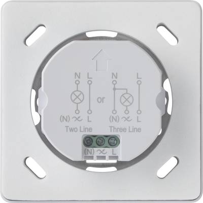 Rückseite einer Steckdose mit Anschlüssen für 'Two Line' und 'Three Line' verdrahtet. Symbole zeigen Schaltkreisoptionen.