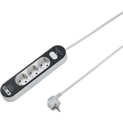 Mehrfachsteckdose mit drei Steckplätzen, einem USB-Anschluss und langem Kabel. Ideal für den Einsatz in Haushalten und Büros.