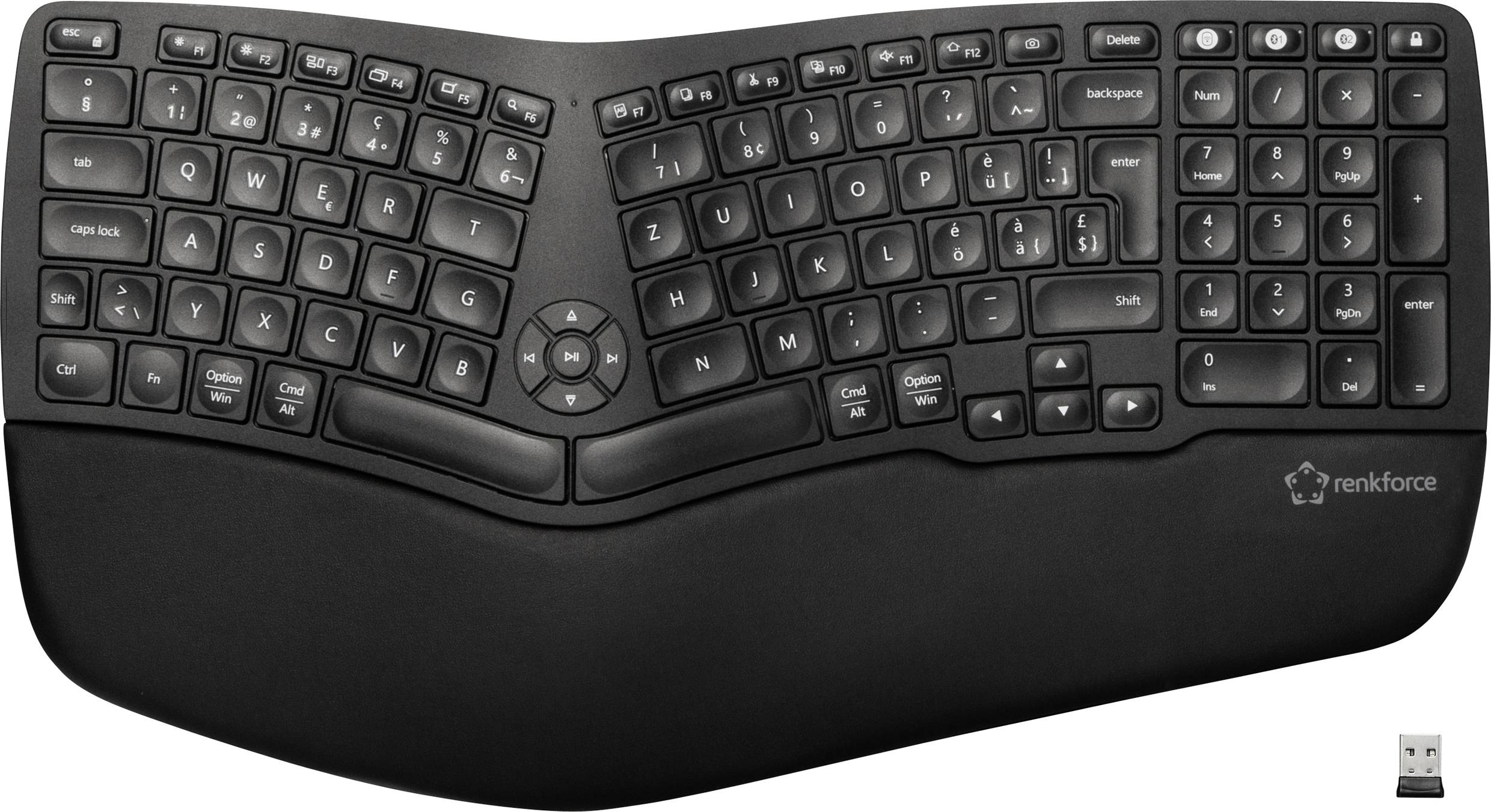 Ergonomische Tastatur mit geteiltem Design und erhöhtem Tastenlayout, inklusive Handballenauflage und separatem USB-Empfänger.