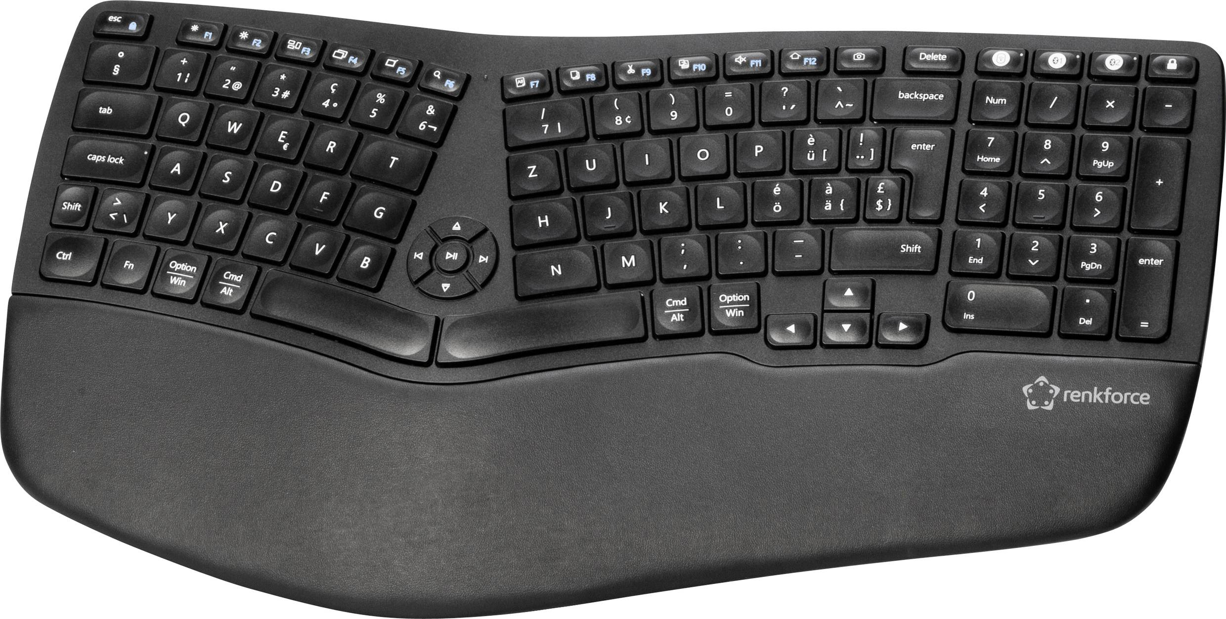 Ergonomische schwarze Tastatur mit geschwungenem Design, Ziffernblock rechts. Geeignet für komfortables Tippen und Handgelenkschonung.