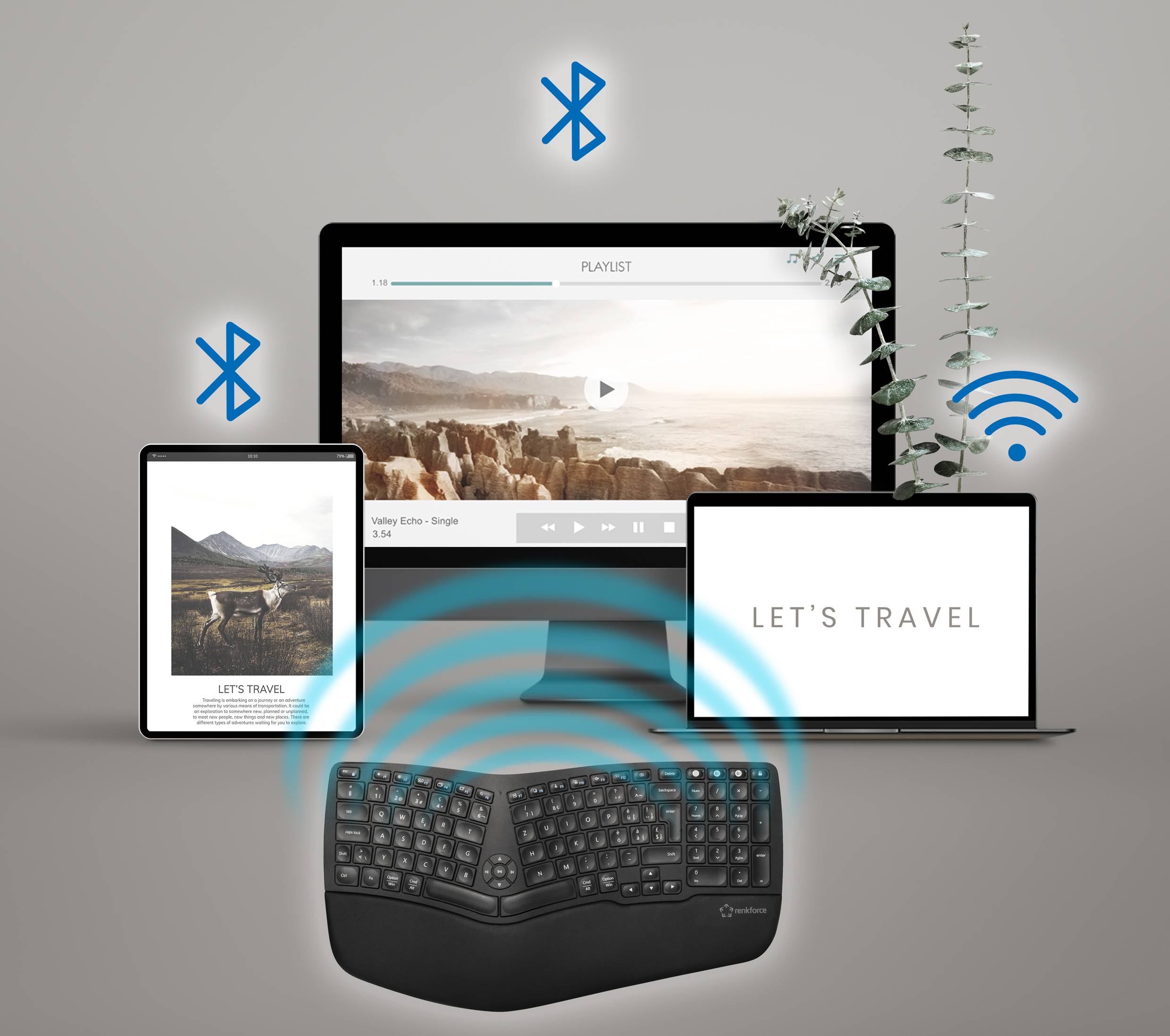 Bild von verschiedenen Technologien: Desktop, Laptop, Tablet, Tastatur, alle drahtlos verbunden mit Bluetooth- und WLAN-Symbolen.