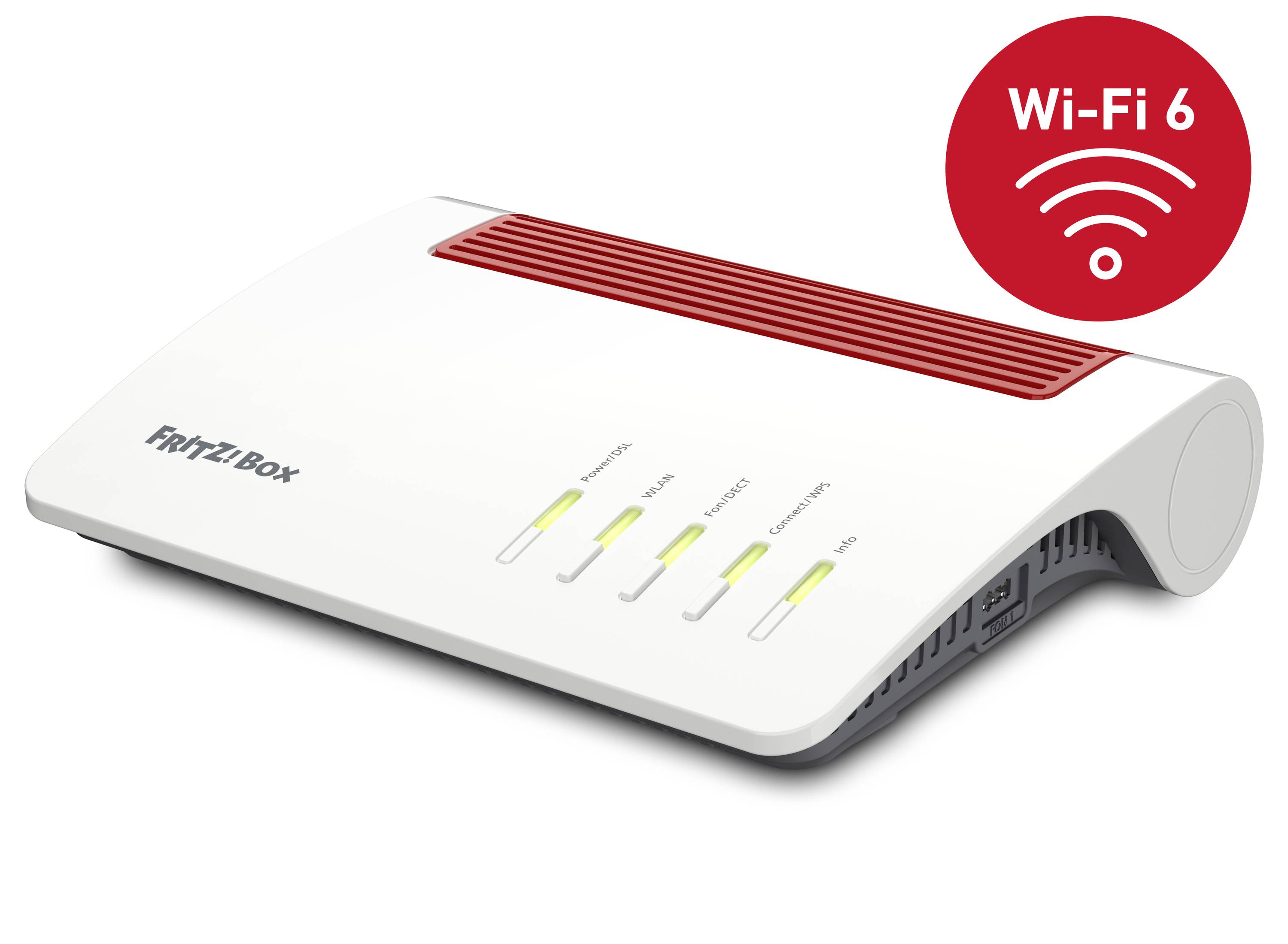 Ein weißer WLAN-Router mit dem Logo 'FRITZ!Box' und mehreren leuchtenden LED-Anzeigen; rotes Symbol zeigt 'Wi-Fi 6'-Kompatibilität.