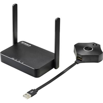 Schwarzes drahtloses Präsentationssystem mit USB-Anschluss, bestehend aus einem Hauptgerät mit zwei Antennen und einem verbundenen Adapter.