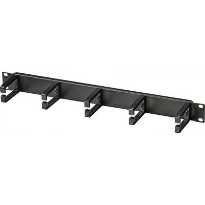 Schwarzer Kabelhalter für die Wandmontage mit mehreren Haken zur geordneten Kabelaufbewahrung.