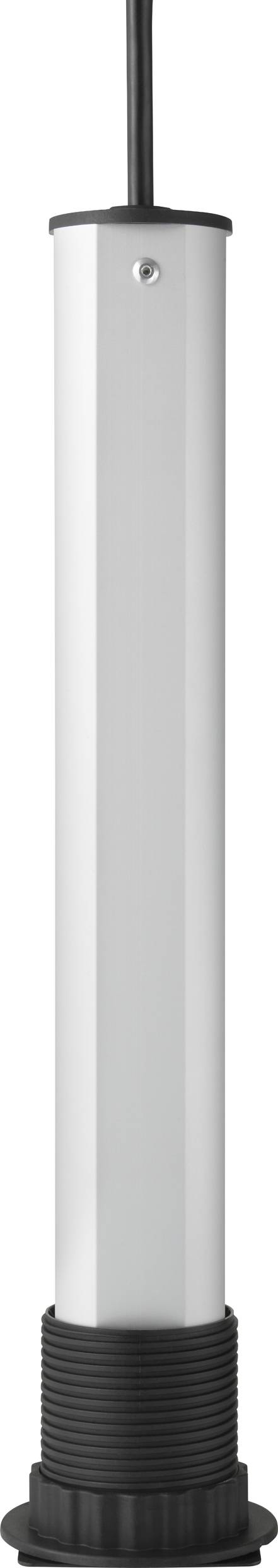 Silberfarbener zylindrischer Metallstift mit schwarzer Unterseite und Kabel aus der Oberseite, vor weißem Hintergrund.