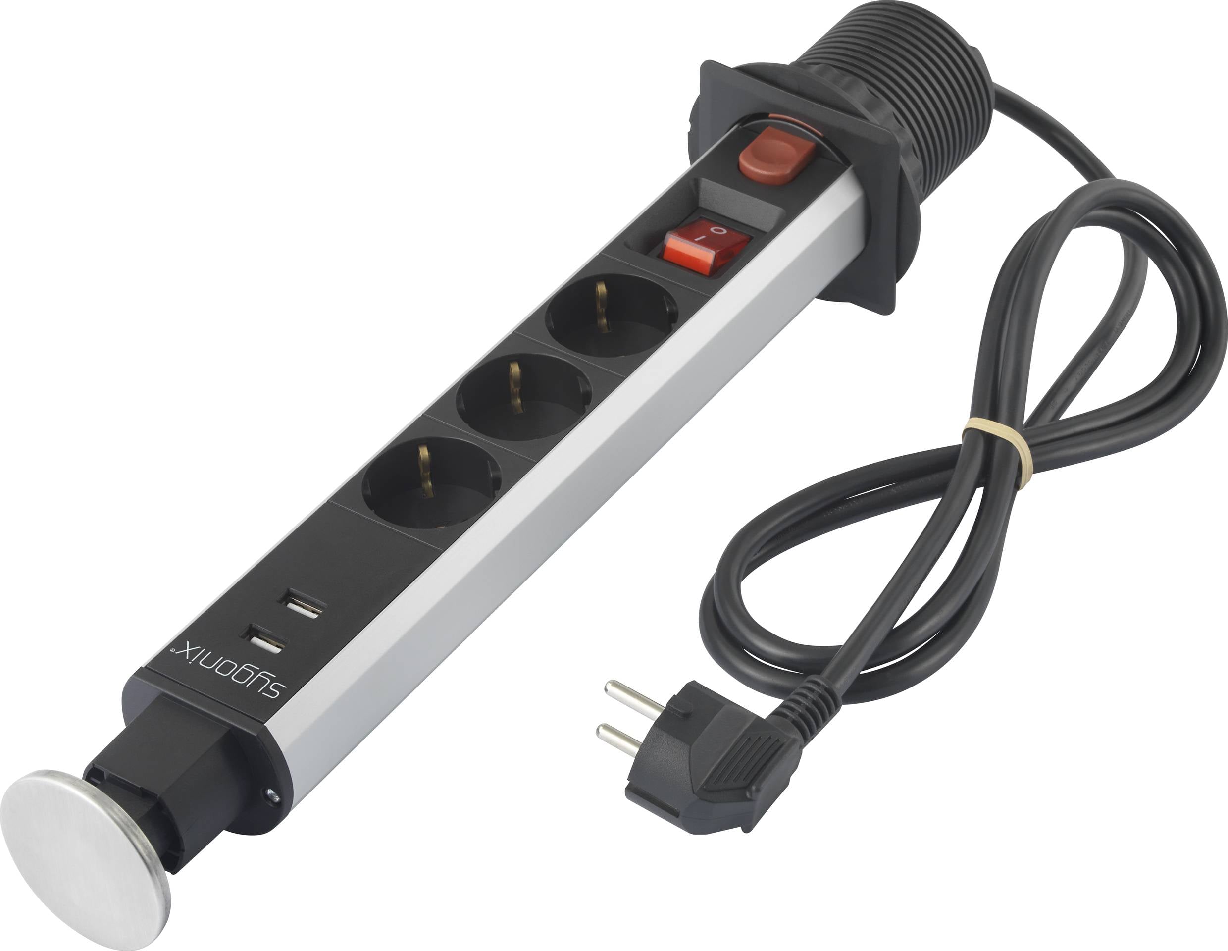 Steckdosenleiste mit drei Steckplätzen, zwei USB-Anschlüssen und einem Kabel. Ideal für flexible Stromversorgung am Arbeitsplatz.