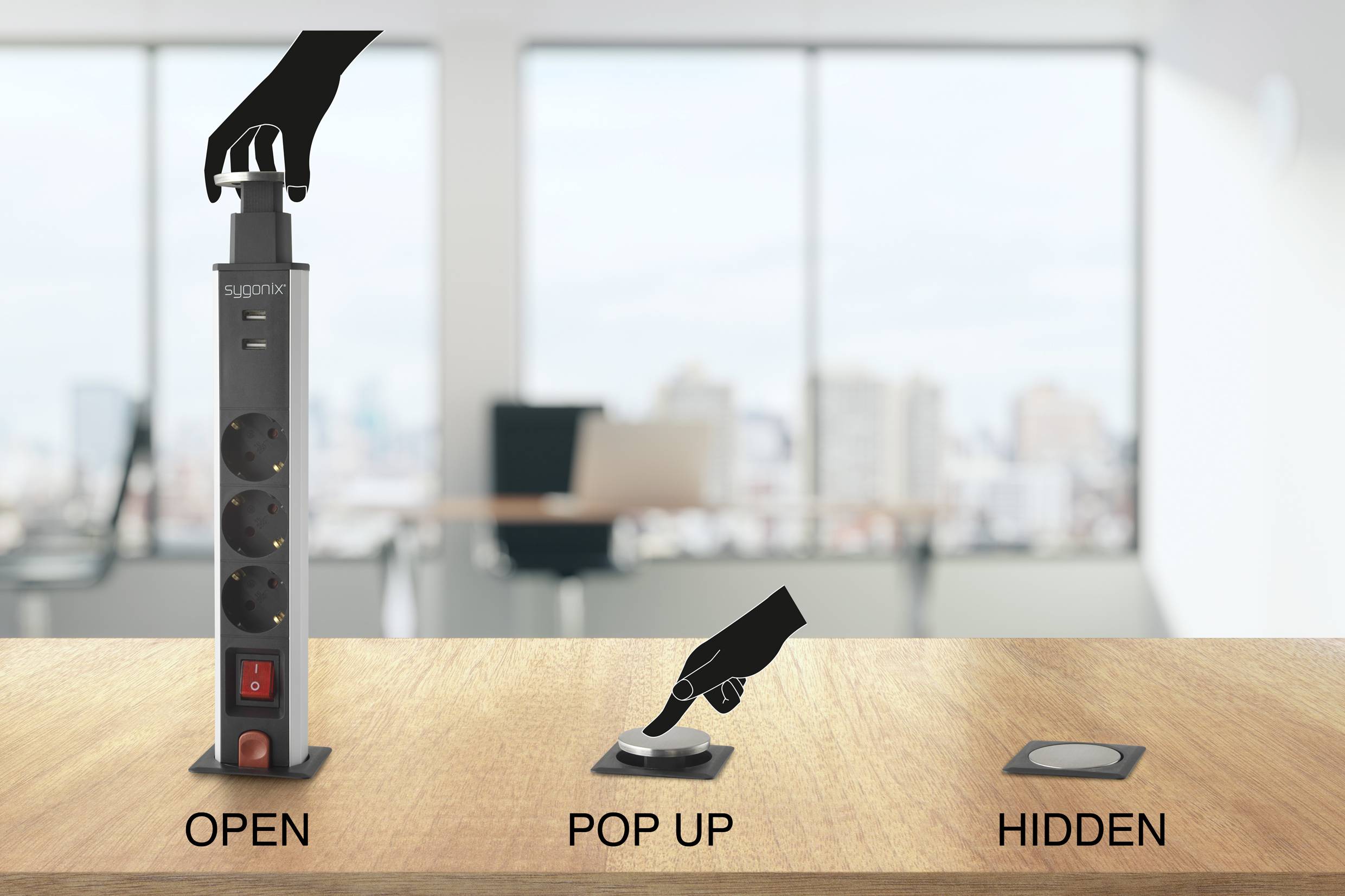 'Pop-up Steckdosenleiste', zeigt drei Stufen: 'Open' mit ausgestreckter Leiste, 'Pop Up' teils ausgefahren, 'Hidden' bündig zur Oberfläche. Hintergrund ist ein unscharfes Büro.