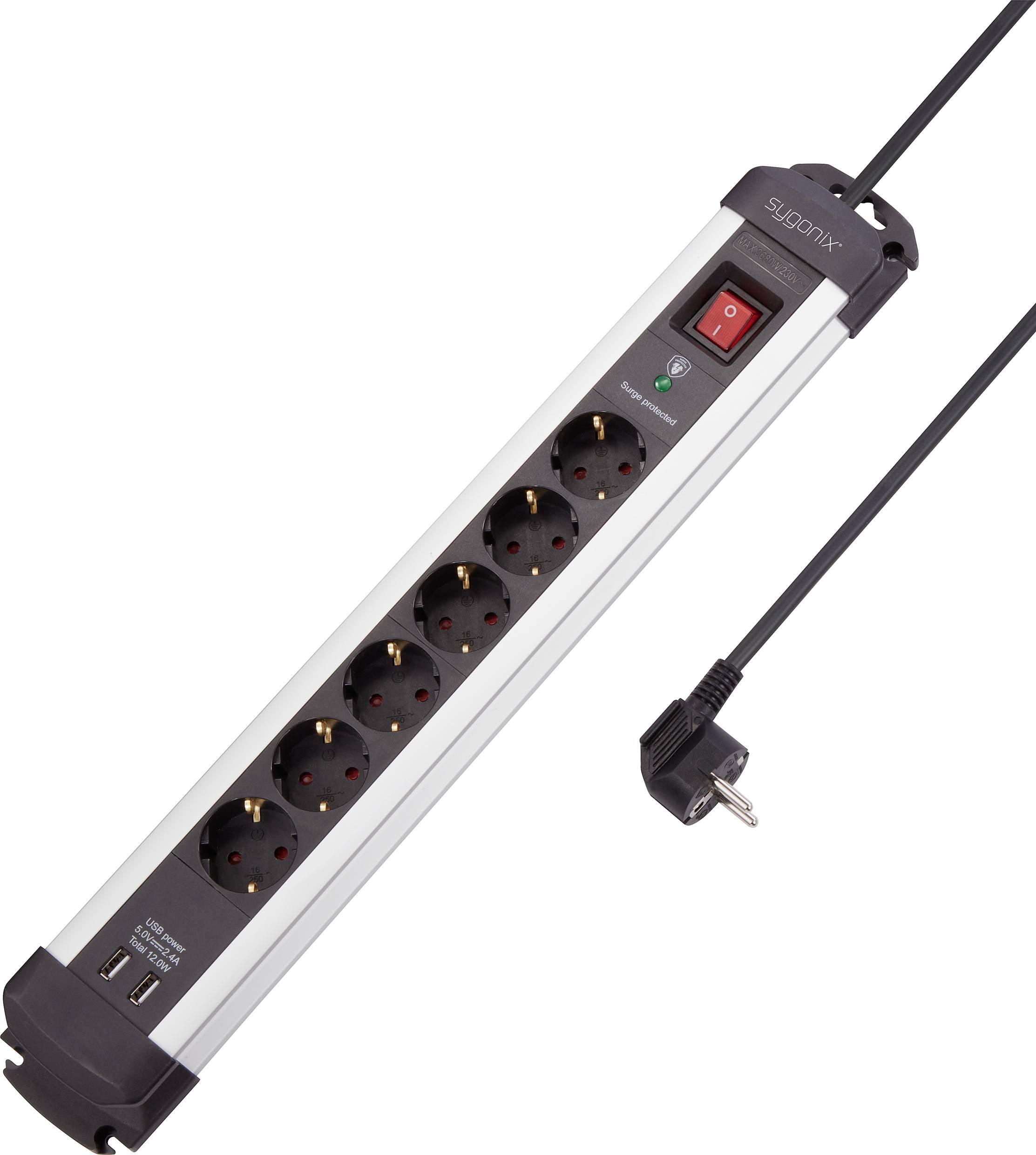 Sygonix SY-4755604 Überspannungsschutz-Steckdosenleiste 6fach Silber, Schwarz 1 St.
