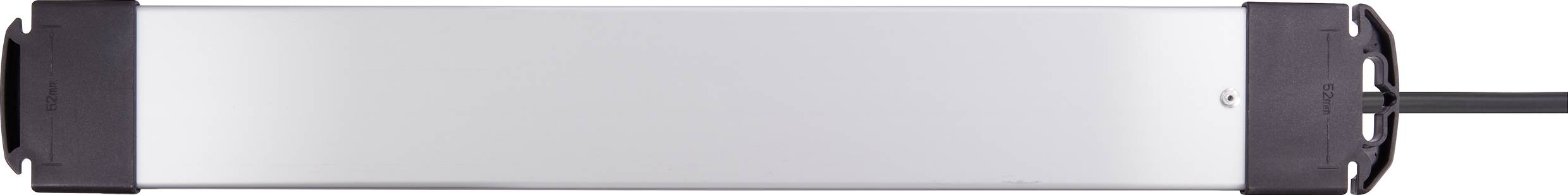 Silbernes, rechteckiges elektrisches Gerät mit schwarzem Kabel und Befestigungslöchern an beiden Enden.