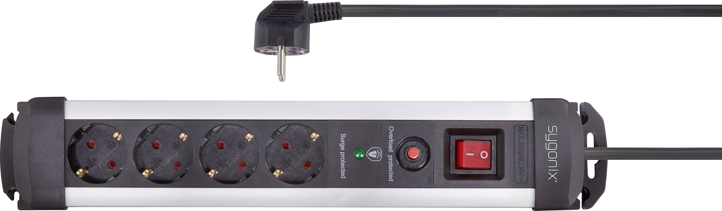 Eine schwarze Steckdosenleiste mit fünf Steckplätzen, Schalter und rotem Licht, angeschlossen an ein schwarzes Kabel mit Stecker.