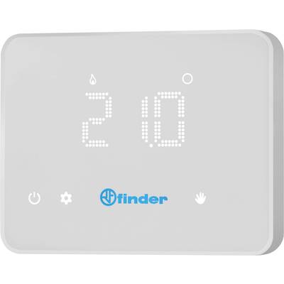 Ein digitales Thermostat zeigt '20' Grad Celsius an. Symbole für Strom, Einstellungen und Handbetrieb sind darunter angezeigt.