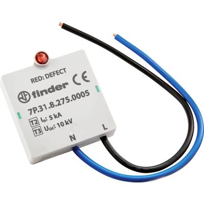 Ein elektrisches Gerät mit roten und blauen Kabeln. Aufschrift: 'finder 7P.31.8.275.0005 In: 5 kA Uoc: 10 kV'. Rote LED-Anzeige zeigt Defekt an.