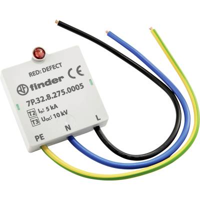 Ein Überspannungsschutzgerät von Finder mit drei farbigen Drähten (blau, gelb/grün, schwarz) und Beschriftung 'RED: DEFECT'.