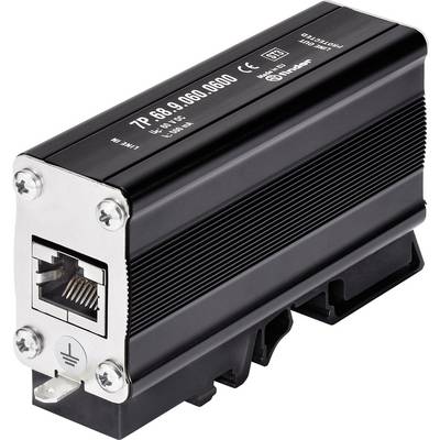 Schwarze Überspannungsschutzbox mit Ethernet-Anschluss und Erdungssymbol. Modellnummer '7P 68.0.960.0600', Marke Phoenix Contact.