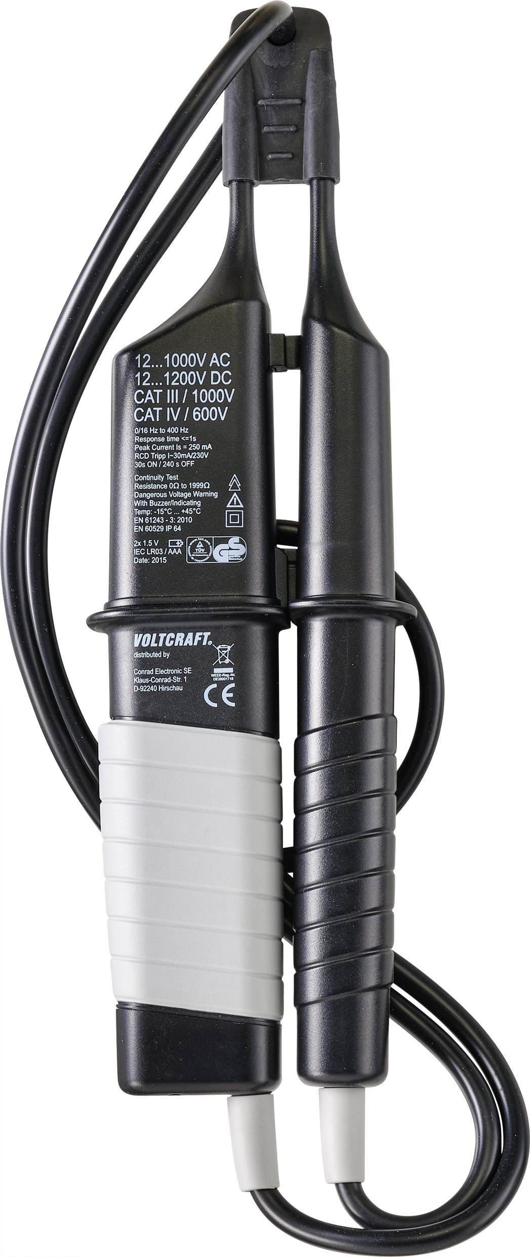 Ein elektrisches Prüfgerät mit schwarzem und grauem Griff, geeignet für Spannungen von 12-1000V AC und 12-1200V DC.