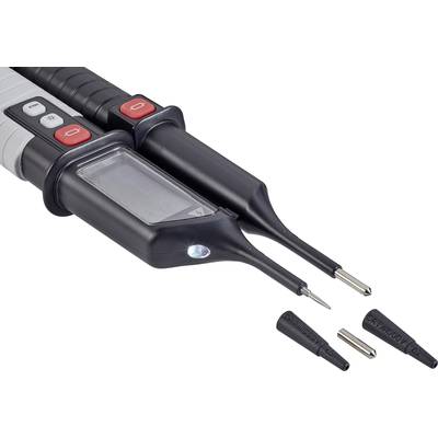 Ein elektrisches Prüfwerkzeug mit zwei Sonden und abnehmbaren Schutzkappen, das zur Spannungserkennung dient.