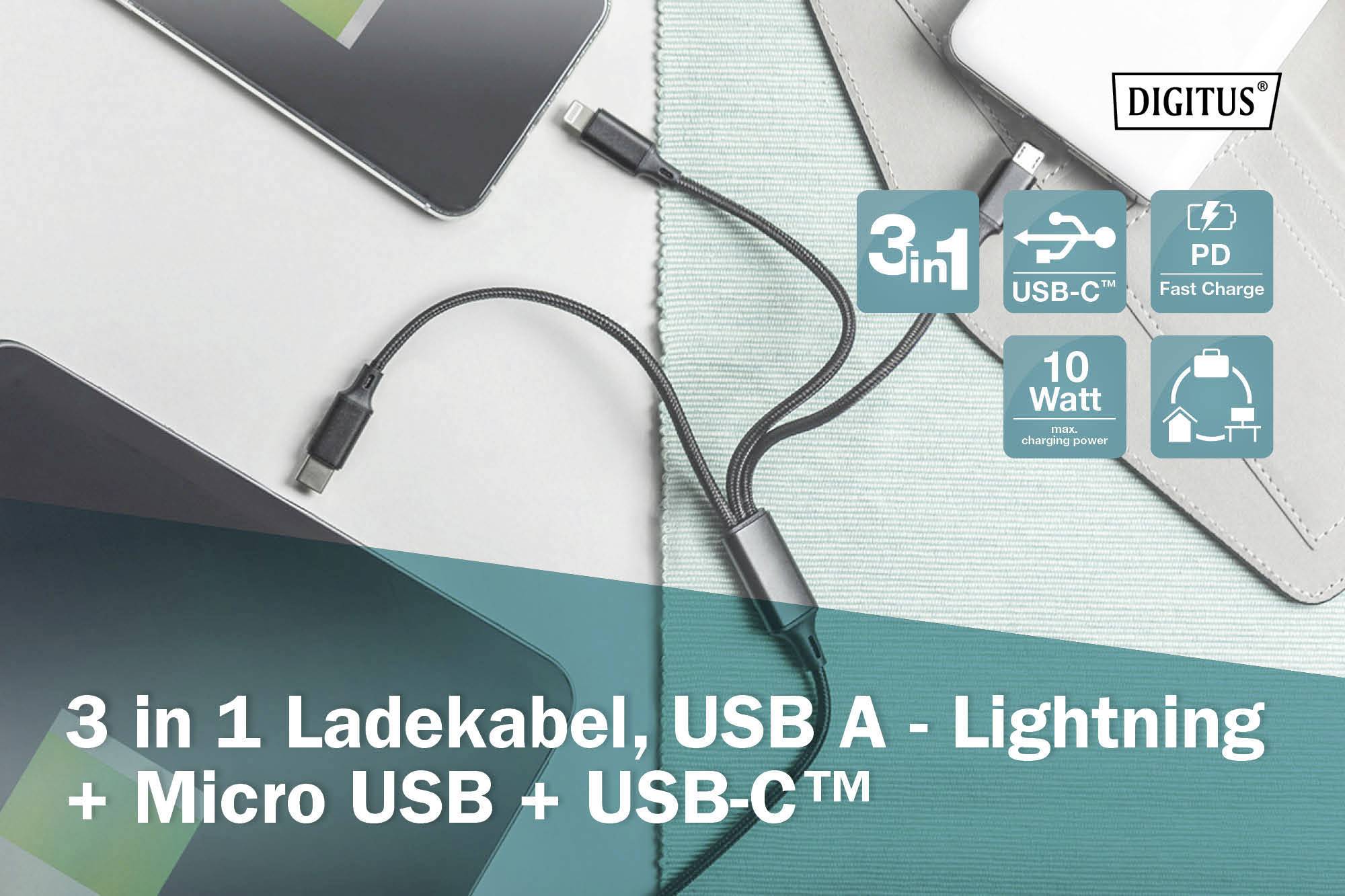 Dreifach-Ladekabel für USB A, Lightning, Micro USB, USB-C. Unterstützt Schnellladung und 10 Watt. Ideal für vielseitiges Laden.