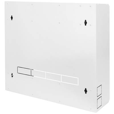 Ein weißer, rechteckiger Kasten aus Metall mit Schlitzen und Bohrungen, möglicherweise für Elektronik- oder Kabelinstallationen geeignet.