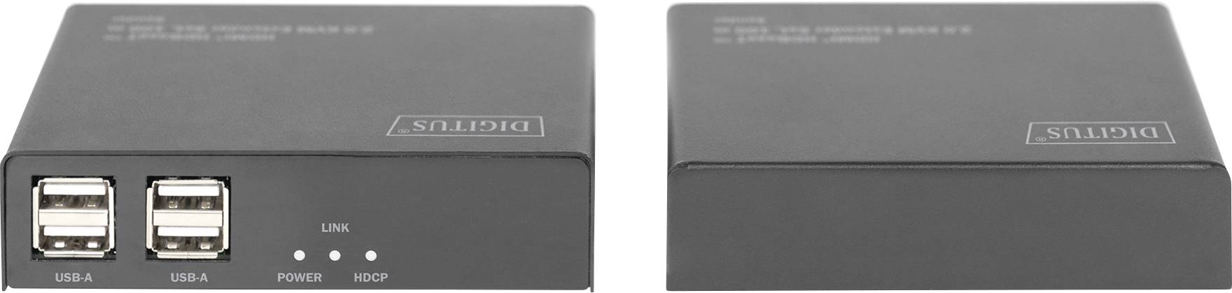 Zwei schwarze Netzwerkgeräte nebeneinander; das linke Gerät zeigt vier Anschlüsse und zwei LED-Anzeigen, das rechte zeigt die Oberseite.