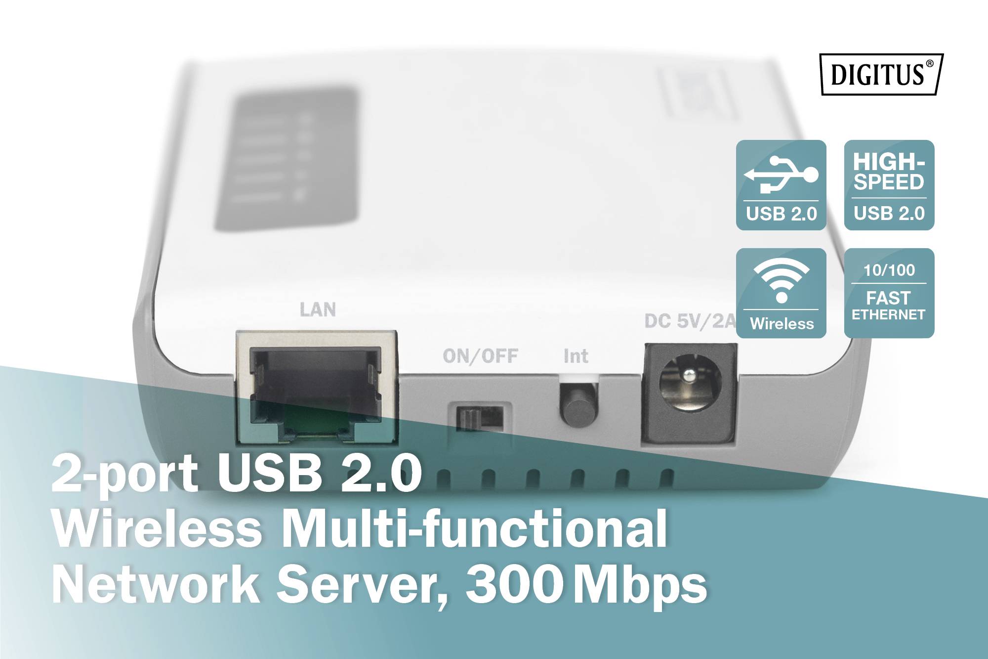 '2-port USB 2.0 Wireless Multifunctional Network Server, 300 Mbps' mit LAN-Anschluss, Ethernet und Wireless-Symbolen, Marke DIGITUS.