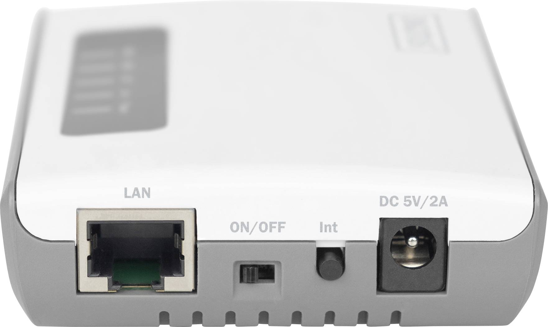 Ein kleiner, rechteckiger Netzwerkrouter mit Anschlüssen: LAN, Netzschalter, Reset-Taste und DC 5V/2A-Stromanschluss.