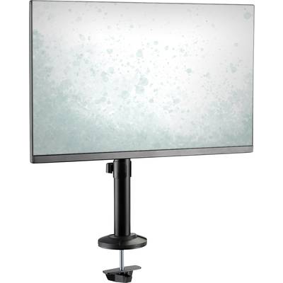 Ein Monitor mit hellblauem Sprenkelmuster auf dem Bildschirm, montiert auf einem schwarz verstellbaren Tischhalterung.