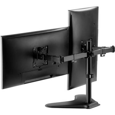 Zwei Computerbildschirme auf einem Ständer, von hinten gezeigt. Die Monitore sind nebeneinander montiert und teilen sich einen stabilen Standfuß.
