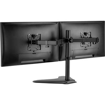Zwei schwarze Monitore auf einem doppelten Schwenkarmständer aus Metall, nebeneinander befestigt und nach hinten gekippt.