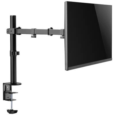 Ein verstellbarer Monitorarm aus Metall, der an einem Tisch befestigt ist, hält einen Flachbildschirm. Ideal für ergonomische Arbeitsplätze.