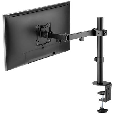 Ein Monitorarm mit Klemmbefestigung, zeigt eine Halterung in einem Arbeitsplatz-Setup. Er bietet höhenverstellbare und schwenkbare Funktionen.