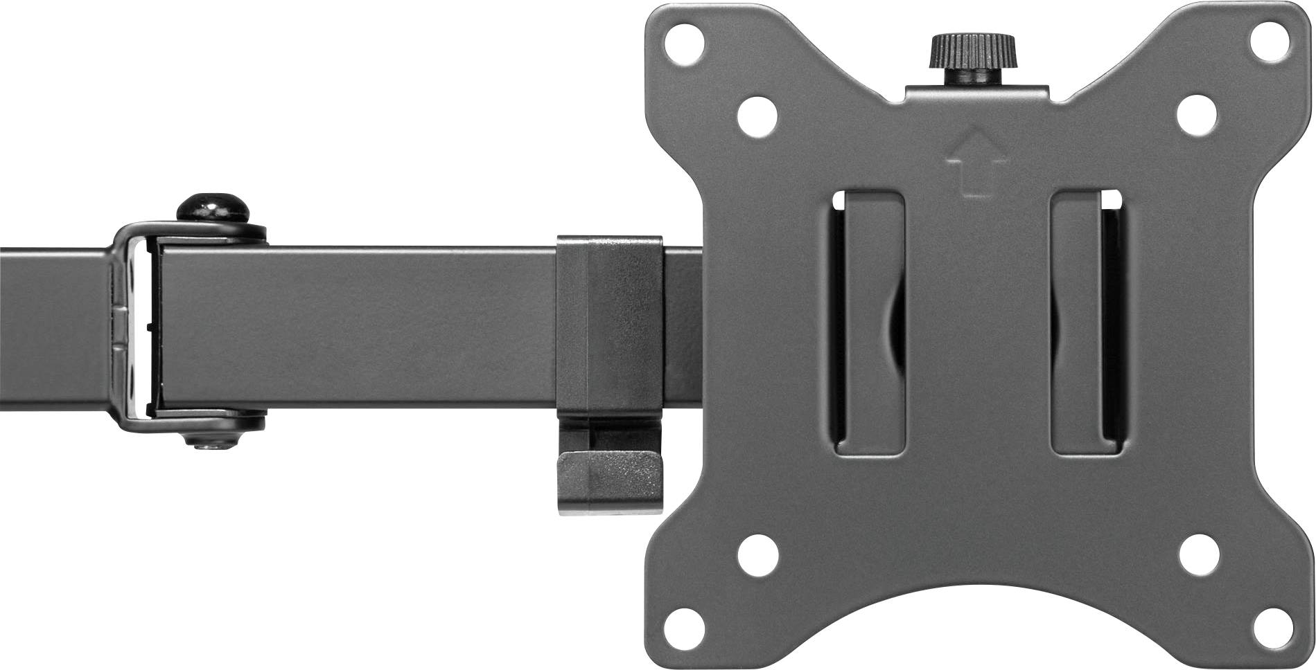 Schwenkbare TV-Halterung mit Montageplatte, schwarze Metallkonstruktion, ermöglicht flexibles Neigen und Drehen von Bildschirmen.