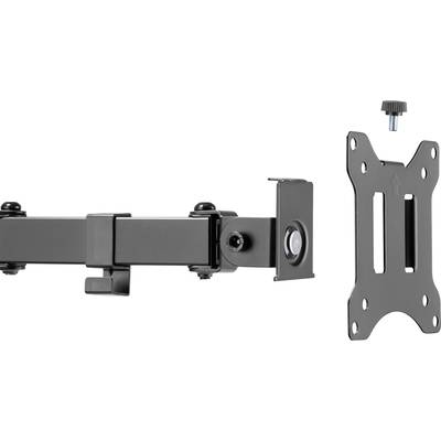 Metallische Halterungsteile eines Monitorarms, bestehend aus einem verstellbaren Gelenkarm und einer VESA-Montageplatte.