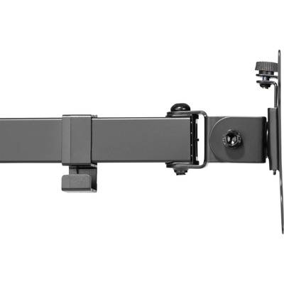 Nahaufnahme eines schwarzen mechanischen Arms mit Gelenken und einem Knopf zur Einstellung. Der Arm ist horizontal ausgerichtet.