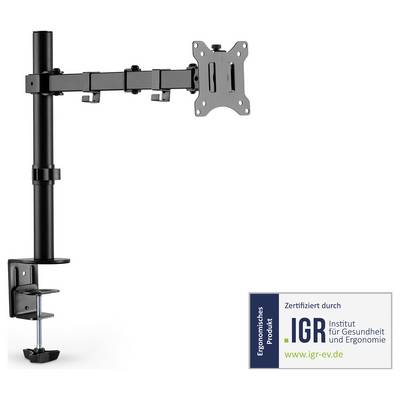 Schwarzer, höhenverstellbarer Monitorhalter mit Tischklemme und VESA-Halterung, zertifiziert durch das Institut für Gesundheit und Ergonomie (IGR).
