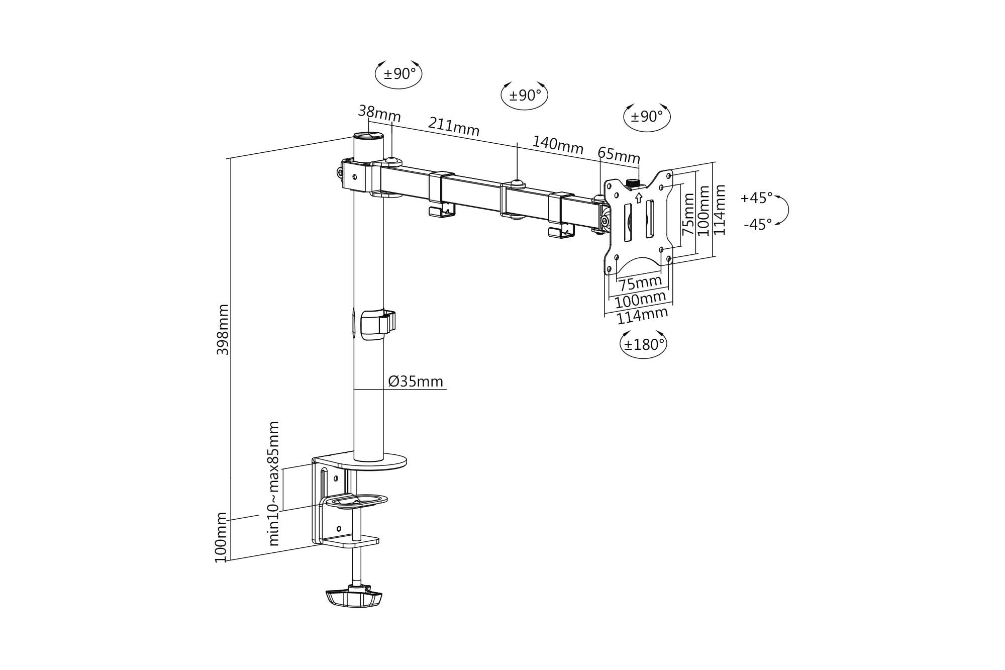 Eine technische Zeichnung eines Monitorarms mit Klemmbefestigung, zeigt Maße, Neigungswinkel bis ±45°, Schwenkbereich bis ±90° und Drehung bis ±180°.