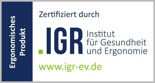 Das Bild zeigt ein Zertifikat für ein ergonomisches Produkt, zertifiziert von IGR Institut für Gesundheit und Ergonomie.
