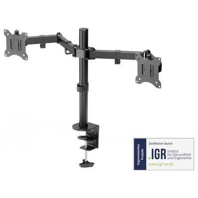 Ein Dual-Monitorhalter, schwarz, mit verstellbaren Armen zur Schreibtischmontage. Unten rechts ein Logo des Instituts für Gesundheit und Ergonomie.