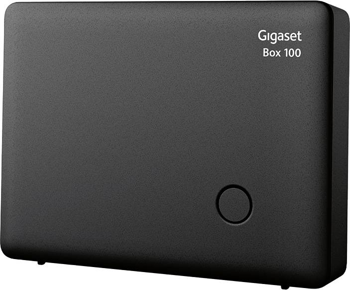 Schwarze Gigaset Box 100, rechteckig, mit kleinem Knopf vorne rechts und weißem Schriftzug 'Gigaset Box 100' oben rechts.