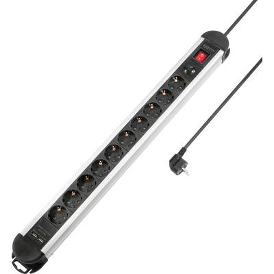 Eine lange Steckdosenleiste mit einem Schalter und mehreren Steckplätzen, die für elektronische Geräte verwendet werden kann.
