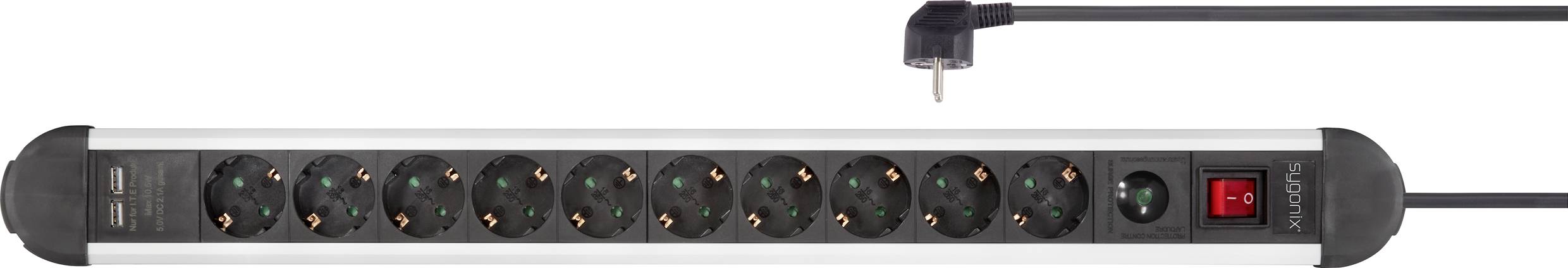 Steckdosenleiste mit 12 Steckplätzen, zwei USB-Anschlüssen, einem beleuchteten Schalter und einem angeschlossenen Kabel.
