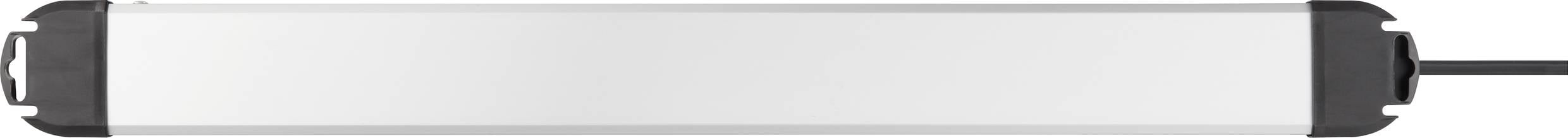 Ein rechteckiges, flaches LED-Licht mit schwarzen Endkappen und einem Kabel auf der rechten Seite. Ideal für gleichmäßige Beleuchtung.